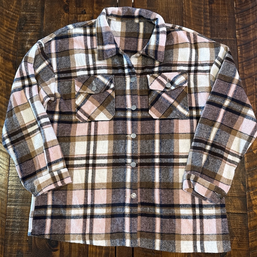 Women’s Pink Brown Plaid Heavy Flannel Shacket XL